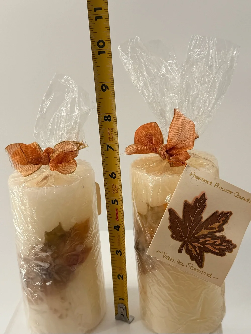 Vanilla Scented Cream Pillar Candle with Pressed Leaves - Set of 2